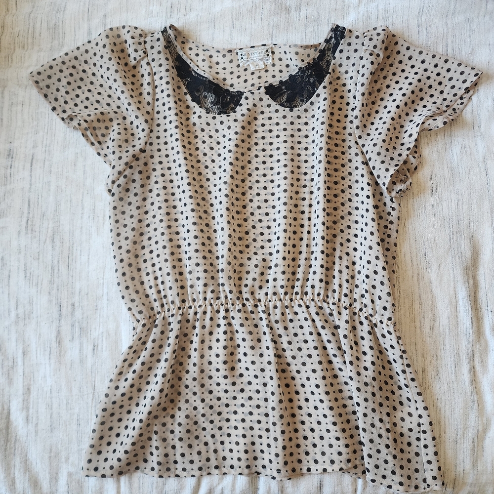 Anthro Polka Dot / Lace Top With Cap Sleeves